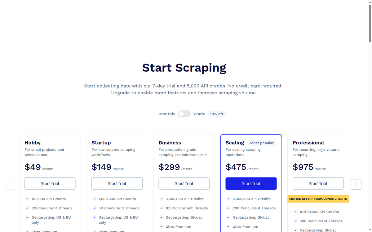 ScraperAPI pricing page: Hobby, Startup and Business tiers