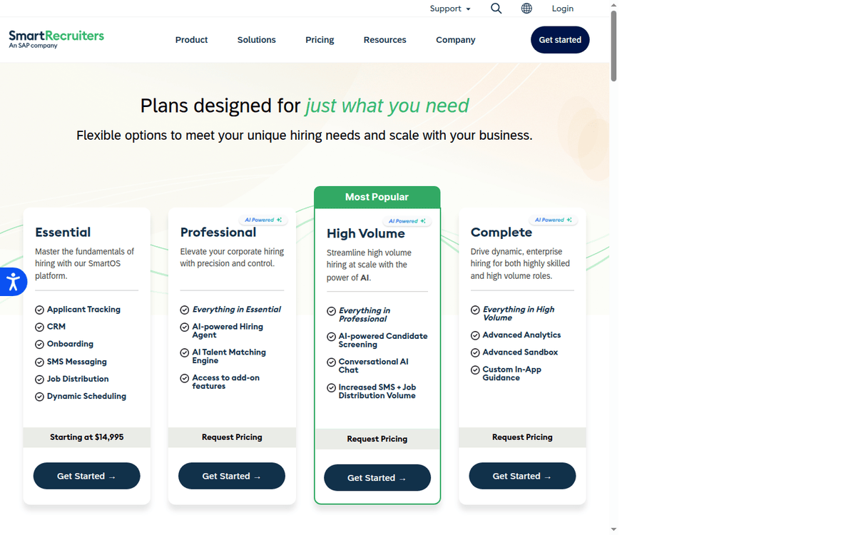 SmartRecruiters pricing page: the Essential card and three quote-only tiers
