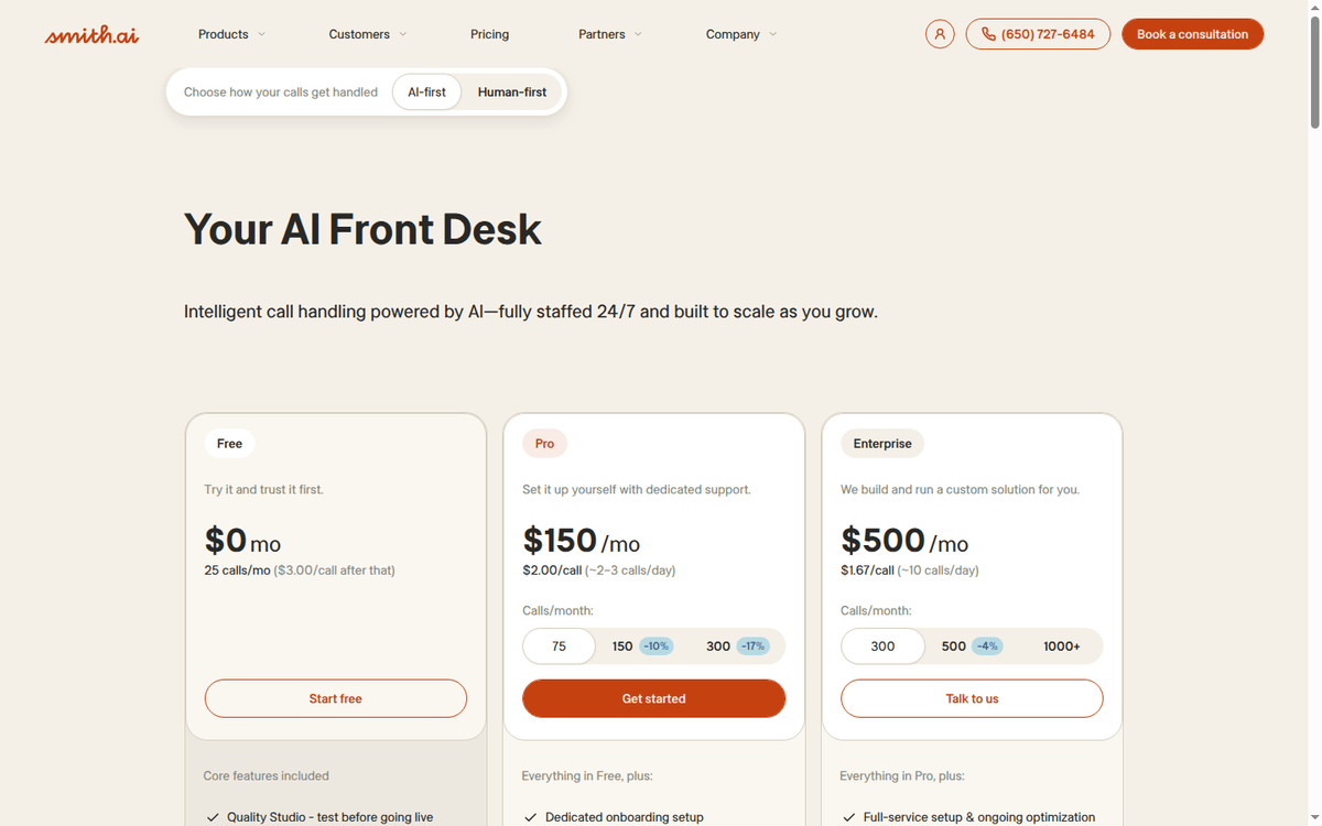 Smith.ai pricing page: the Free, Pro and Enterprise call plans