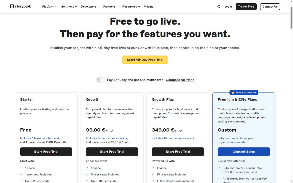 Storyblok pricing page: Starter, Growth, Growth Plus and Premium plans