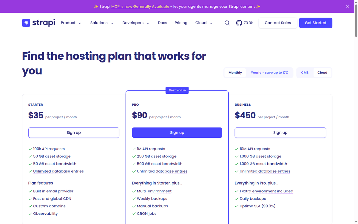 Strapi Cloud pricing: Starter, Pro and Business on monthly billing