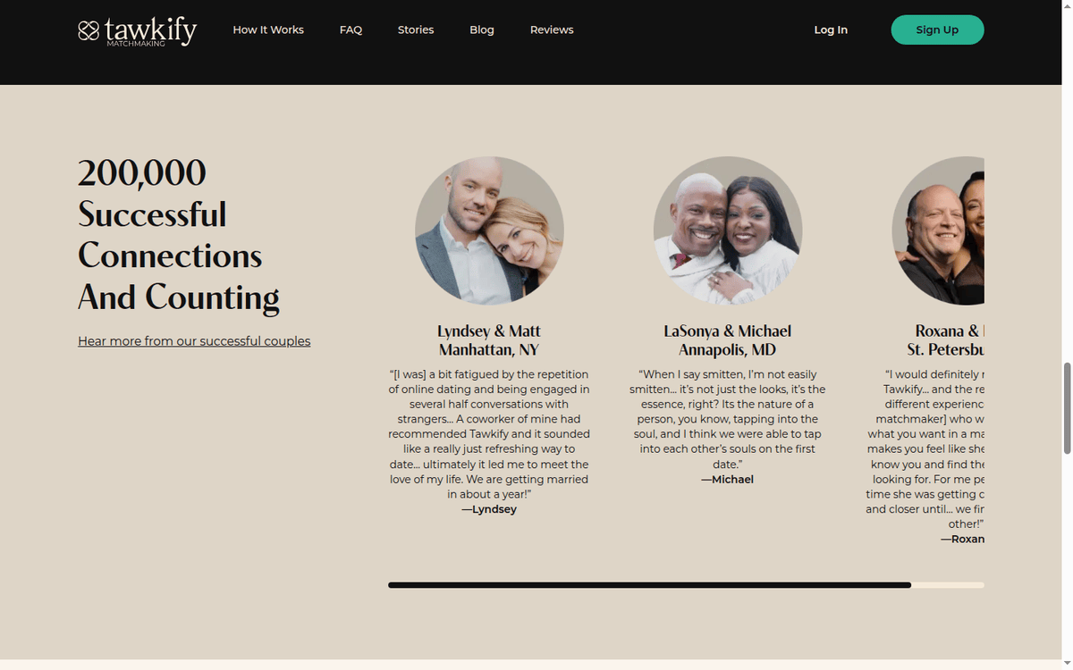 Tawkify homepage: the 200,000 successful connections counter and reviews