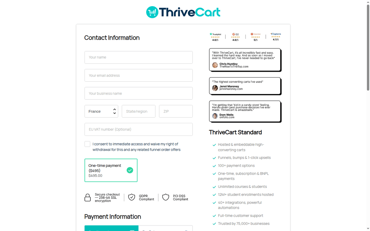 ThriveCart checkout page: the one-time Standard plan at $495