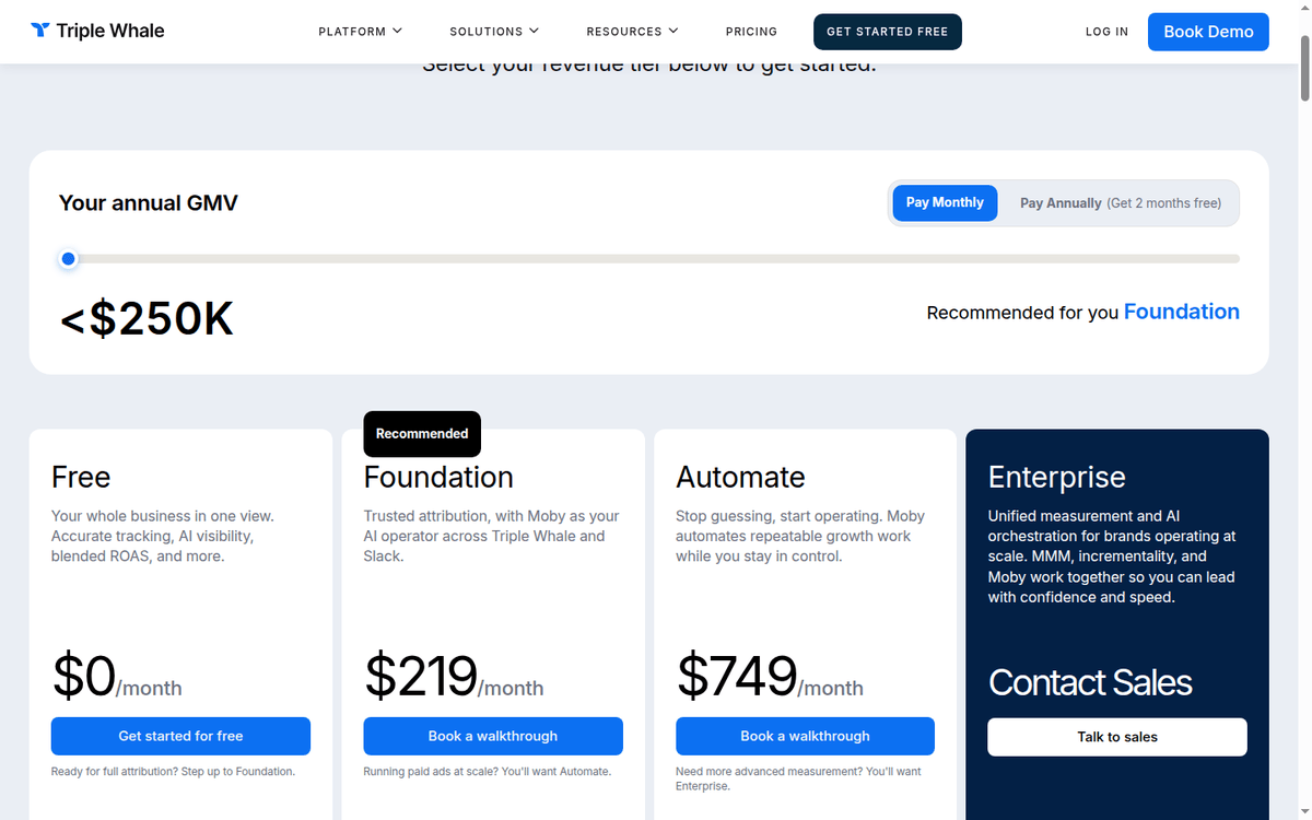 Triple Whale pricing: the Free, Foundation and Automate cards