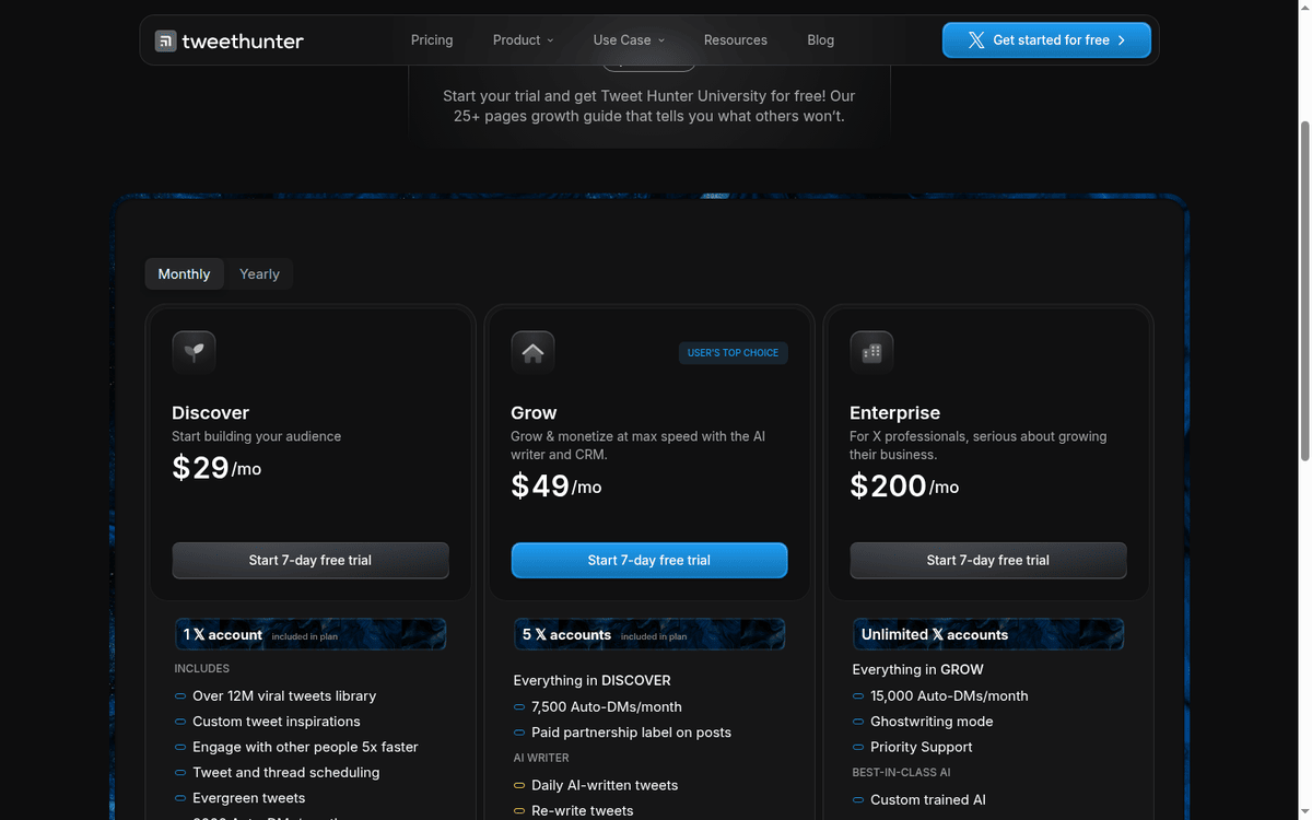 Tweet Hunter pricing: the Discover, Grow and Enterprise cards