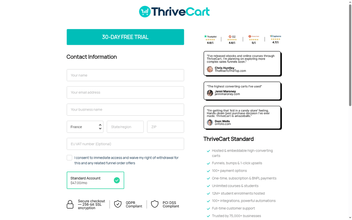 ThriveCart monthly checkout: the 30-day trial and the $47 a month plan